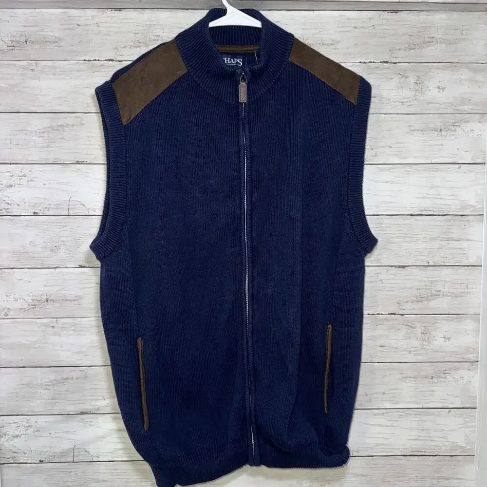 Chaps Ralph Lauren Navy Blue Knit Golf Sweater Zipper Cardigan Vest Jacket L - Picture 1 of 6
